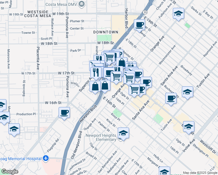 map of restaurants, bars, coffee shops, grocery stores, and more near 1648 Newport Boulevard in Costa Mesa