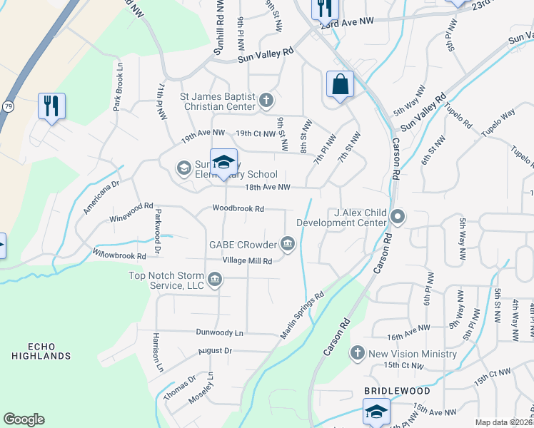 map of restaurants, bars, coffee shops, grocery stores, and more near 909 Woodbrook Road in Center Point