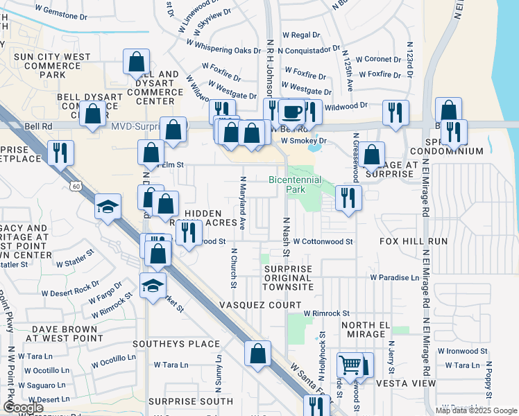 map of restaurants, bars, coffee shops, grocery stores, and more near 16591 North Desert Sage Drive in Surprise