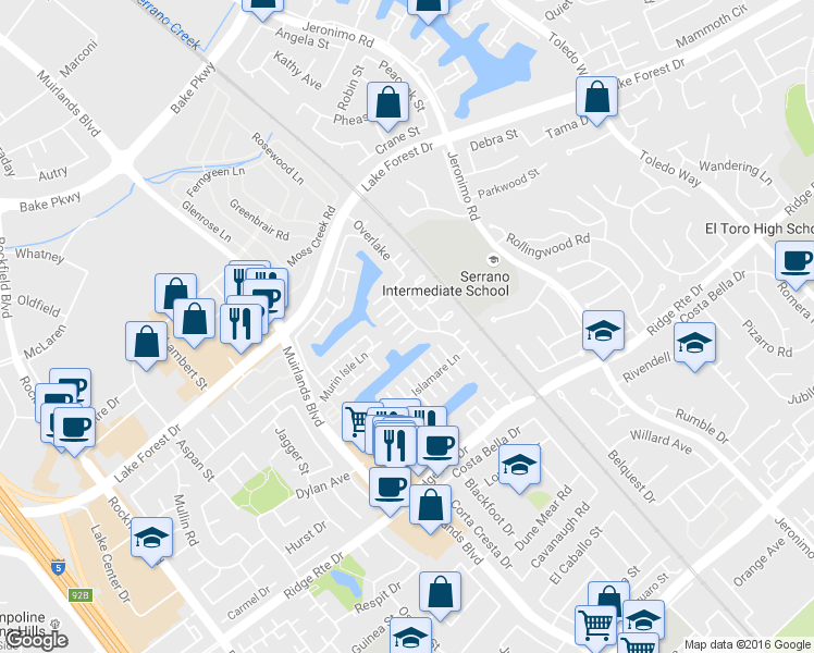map of restaurants, bars, coffee shops, grocery stores, and more near 24372 Lake Terrace Lane in Lake Forest