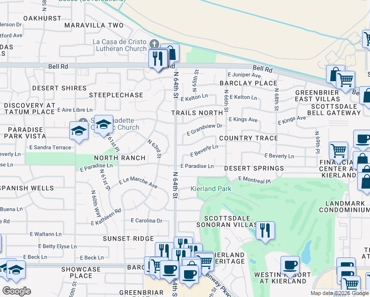 map of restaurants, bars, coffee shops, grocery stores, and more near 6413 East Sandra Terrace in Scottsdale