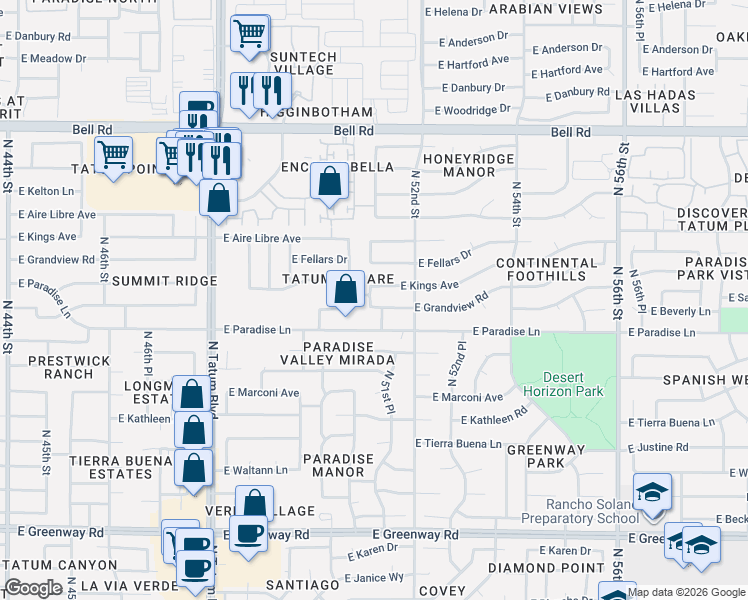 map of restaurants, bars, coffee shops, grocery stores, and more near 5108 East Grandview Road in Scottsdale