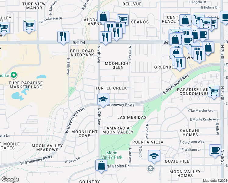 map of restaurants, bars, coffee shops, grocery stores, and more near 406 West Sandra Terrace in Phoenix