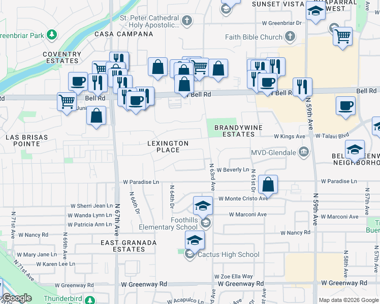 map of restaurants, bars, coffee shops, grocery stores, and more near 6413 West Grandview Road in Glendale