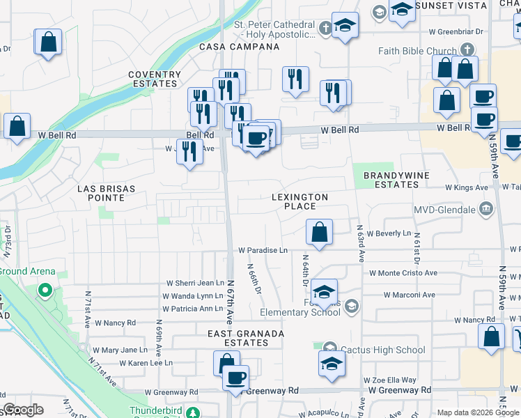 map of restaurants, bars, coffee shops, grocery stores, and more near 6532 West Kings Avenue in Glendale