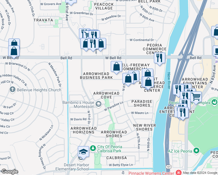 map of restaurants, bars, coffee shops, grocery stores, and more near 8844 West Kings Avenue in Peoria