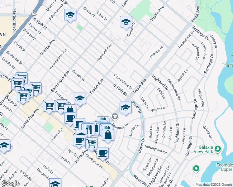map of restaurants, bars, coffee shops, grocery stores, and more near 467 East 19th Street in Costa Mesa