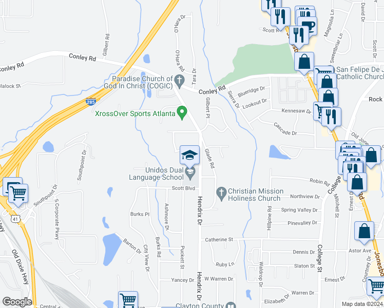 map of restaurants, bars, coffee shops, grocery stores, and more near 589 Evergreen Terrace in Forest Park