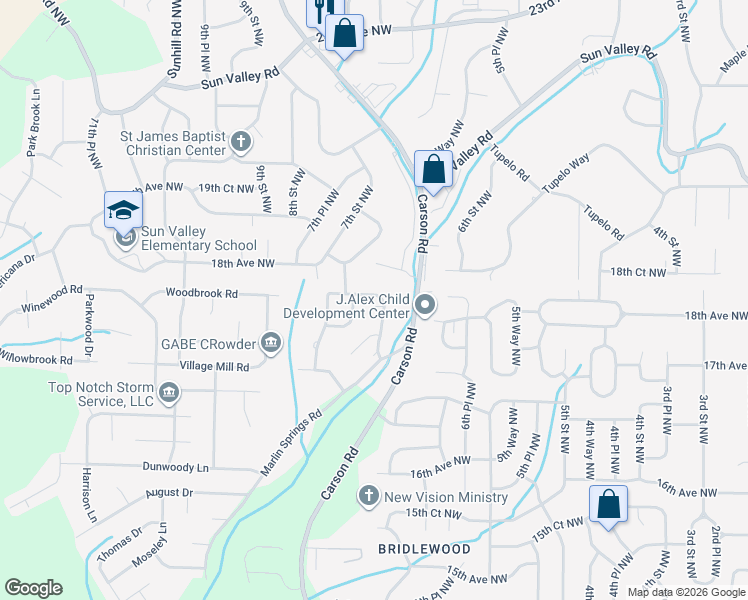map of restaurants, bars, coffee shops, grocery stores, and more near 621 Woodbrook Road in Center Point