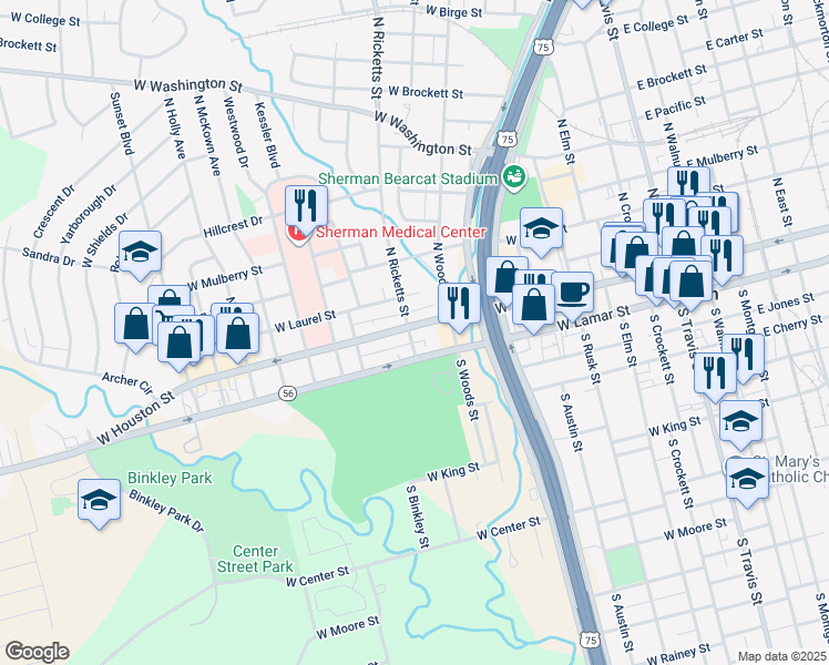 map of restaurants, bars, coffee shops, grocery stores, and more near 834 West Houston Street in Sherman