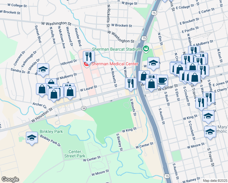 map of restaurants, bars, coffee shops, grocery stores, and more near 834 West Houston Street in Sherman