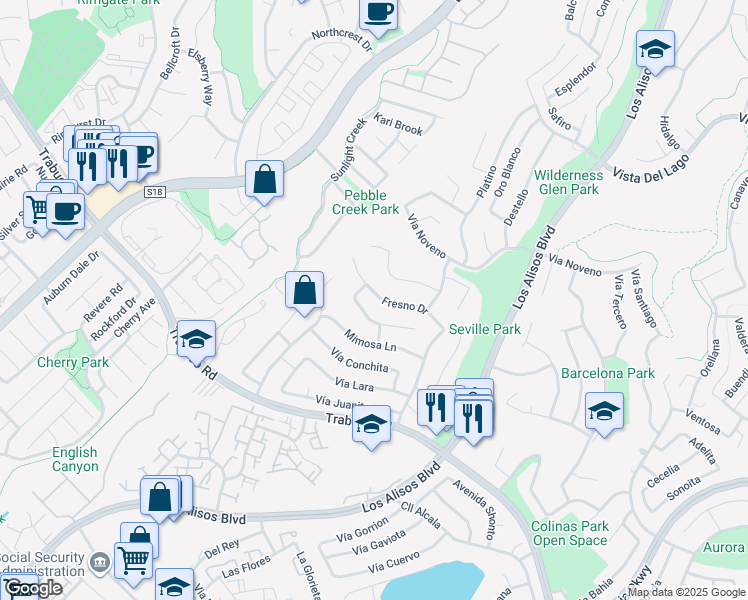 map of restaurants, bars, coffee shops, grocery stores, and more near 26502 Fresno Drive in Mission Viejo