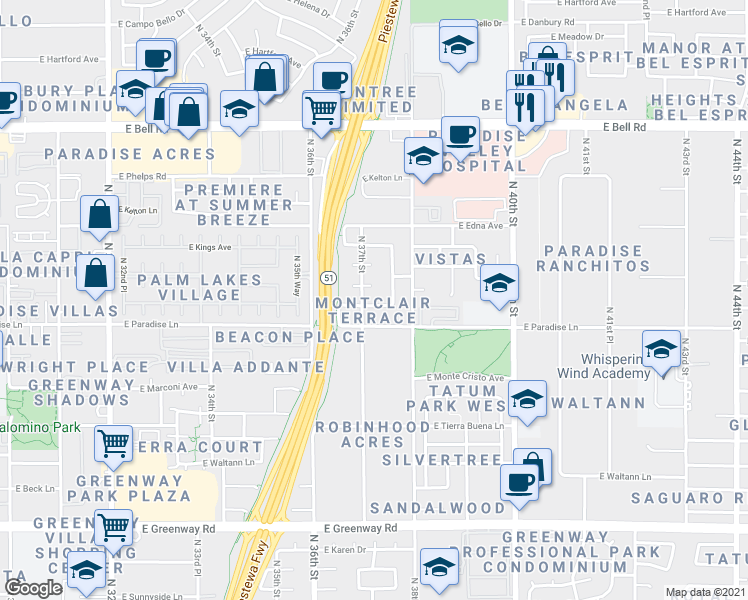 map of restaurants, bars, coffee shops, grocery stores, and more near 3710 East Beverly Lane in Phoenix