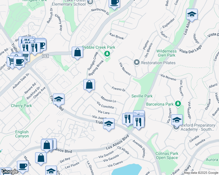 map of restaurants, bars, coffee shops, grocery stores, and more near 26502 Fresno Drive in Mission Viejo