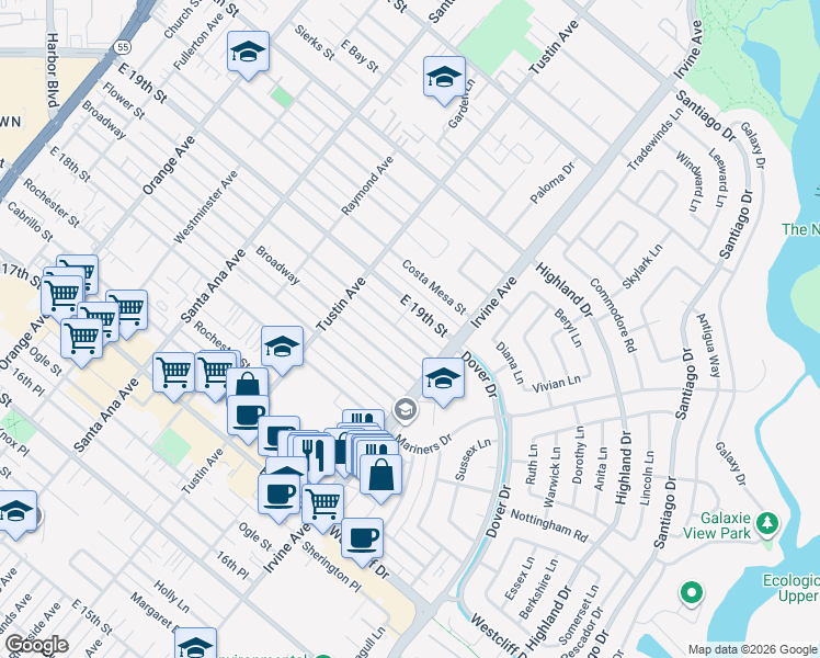 map of restaurants, bars, coffee shops, grocery stores, and more near 467 East 19th Street in Costa Mesa