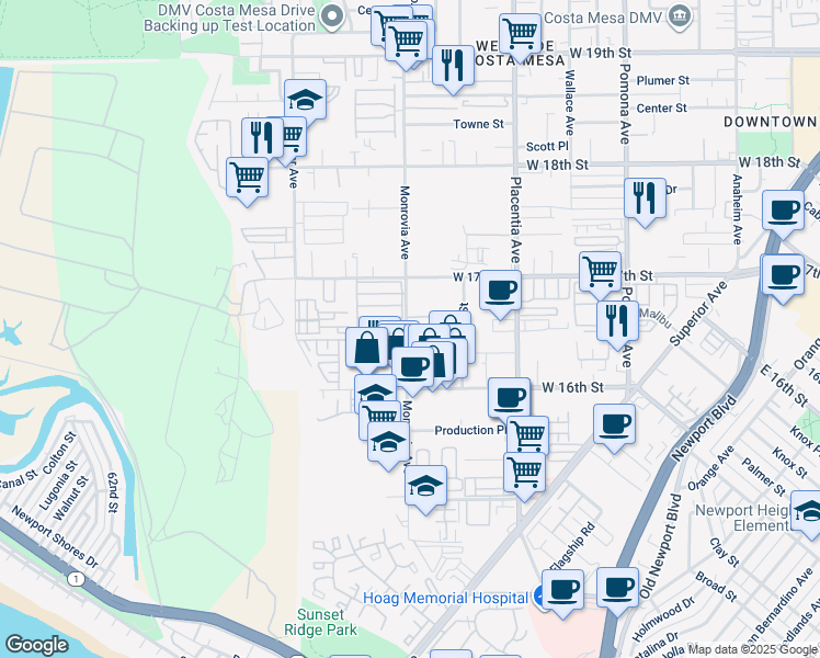 map of restaurants, bars, coffee shops, grocery stores, and more near 1650 Monrovia Avenue in Costa Mesa