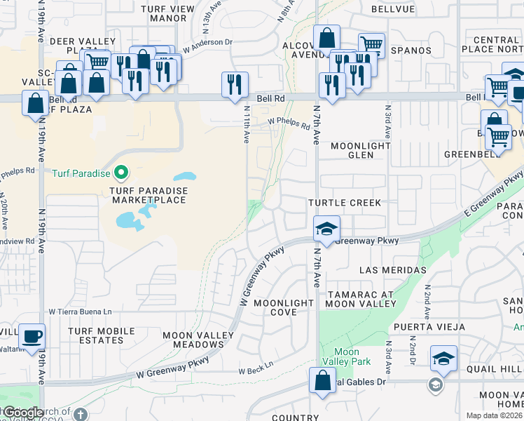 map of restaurants, bars, coffee shops, grocery stores, and more near 16230 North 9th Avenue in Phoenix
