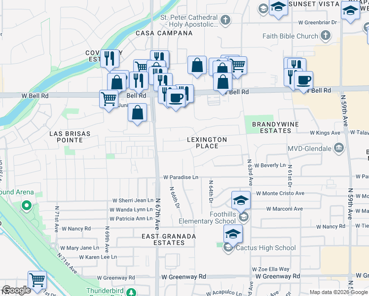 map of restaurants, bars, coffee shops, grocery stores, and more near 6532 West Kings Avenue in Glendale