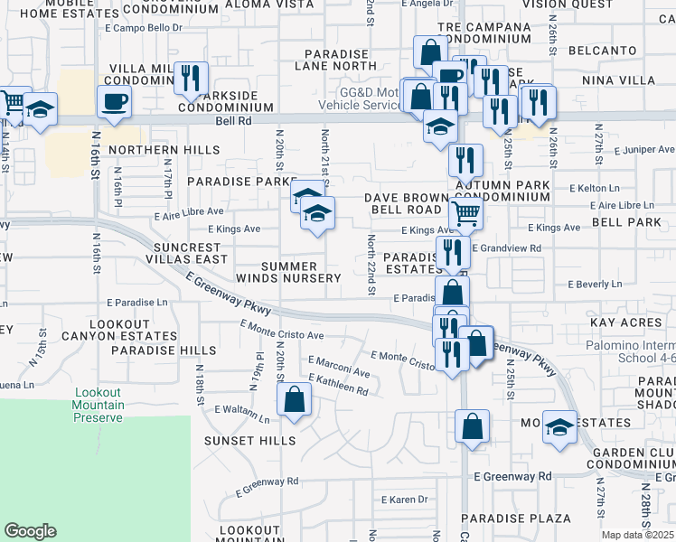 map of restaurants, bars, coffee shops, grocery stores, and more near 16227 North 21st Street in Phoenix