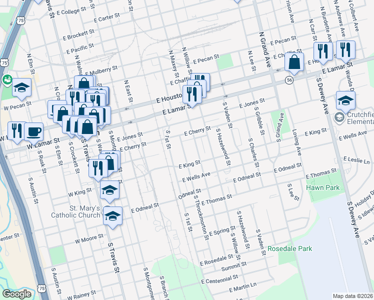 map of restaurants, bars, coffee shops, grocery stores, and more near 507 South Throckmorton Street in Sherman