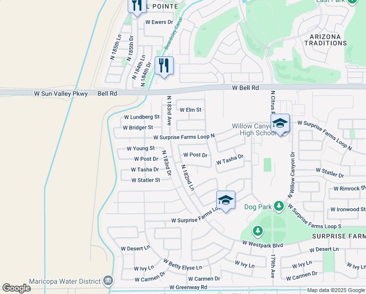 map of restaurants, bars, coffee shops, grocery stores, and more near 18253 West Young Street in Surprise