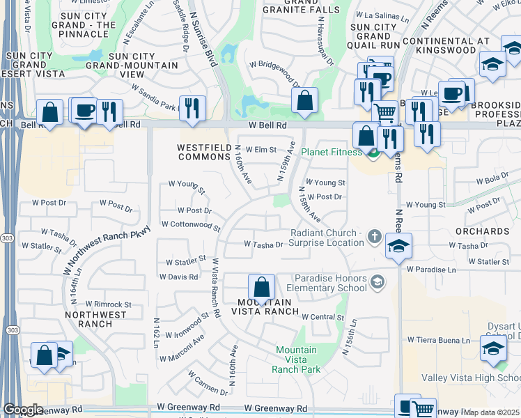map of restaurants, bars, coffee shops, grocery stores, and more near 16290 North 159th Drive in Surprise