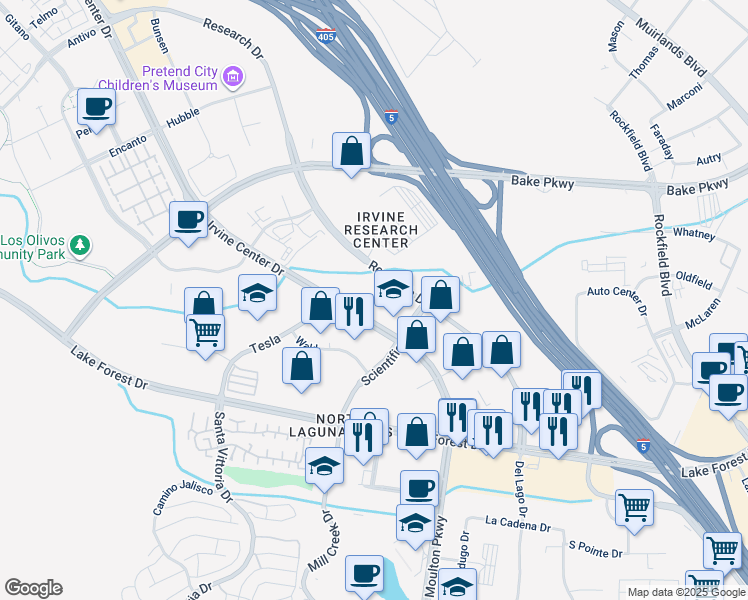 map of restaurants, bars, coffee shops, grocery stores, and more near 9630 Research Drive in Irvine