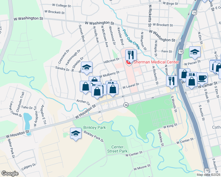 map of restaurants, bars, coffee shops, grocery stores, and more near 209 Tolbert Avenue in Sherman