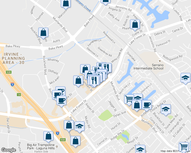 map of restaurants, bars, coffee shops, grocery stores, and more near 22572 Shannon Cir in Lake Forest