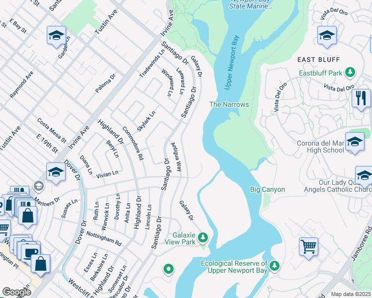 map of restaurants, bars, coffee shops, grocery stores, and more near 1650 Galaxy Drive in Newport Beach