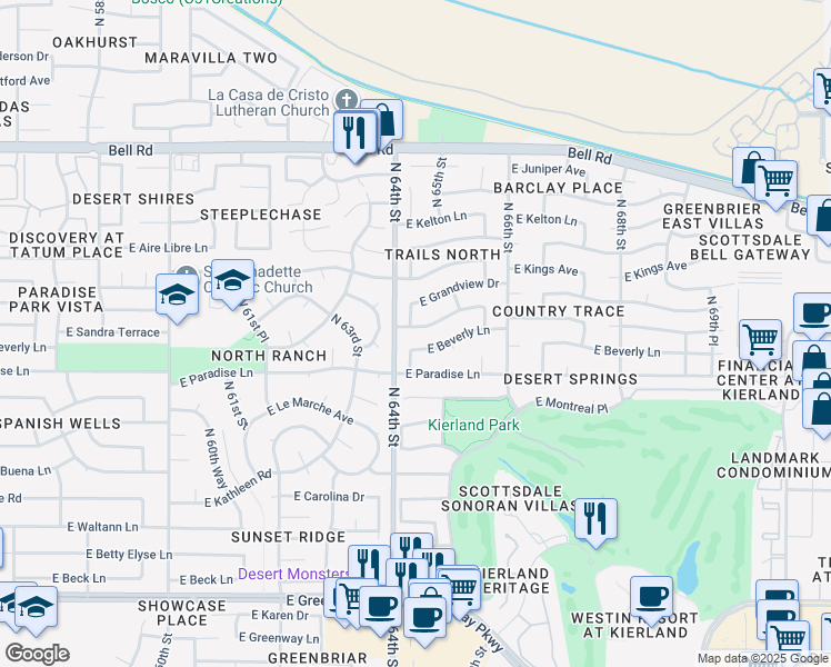 map of restaurants, bars, coffee shops, grocery stores, and more near 6413 East Sandra Terrace in Scottsdale