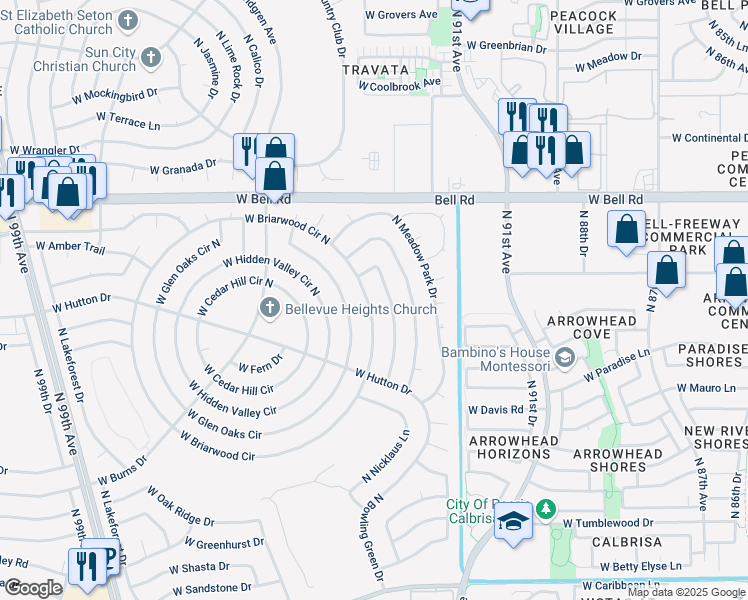 map of restaurants, bars, coffee shops, grocery stores, and more near 9254 West Briarwood Circle North in Sun City