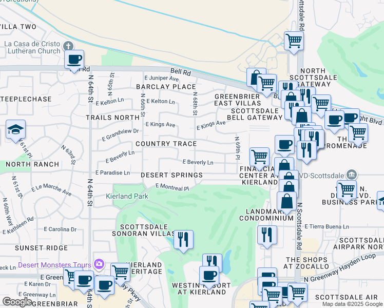 map of restaurants, bars, coffee shops, grocery stores, and more near 6765 East Sandra Terrace in Scottsdale