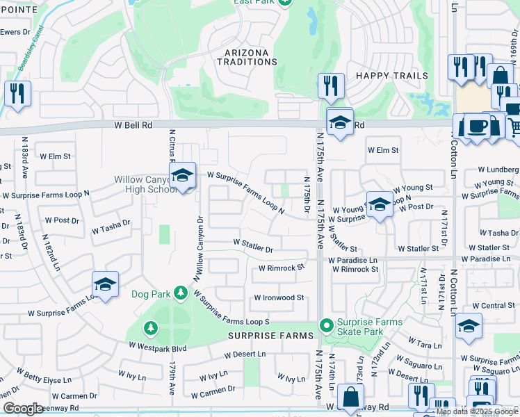 map of restaurants, bars, coffee shops, grocery stores, and more near 17674 West Post Drive in Surprise