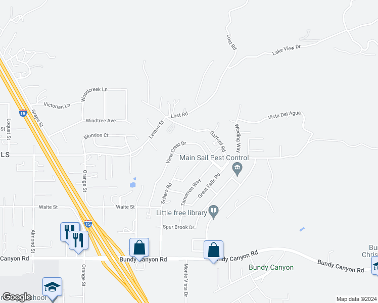 map of restaurants, bars, coffee shops, grocery stores, and more near 22420 Shore View Court in Wildomar
