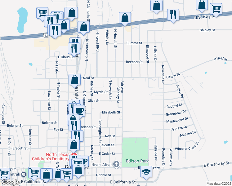 map of restaurants, bars, coffee shops, grocery stores, and more near 927 Gladney Street in Gainesville