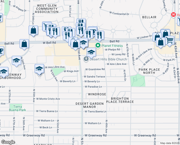 map of restaurants, bars, coffee shops, grocery stores, and more near 16414 North 50th Lane in Glendale