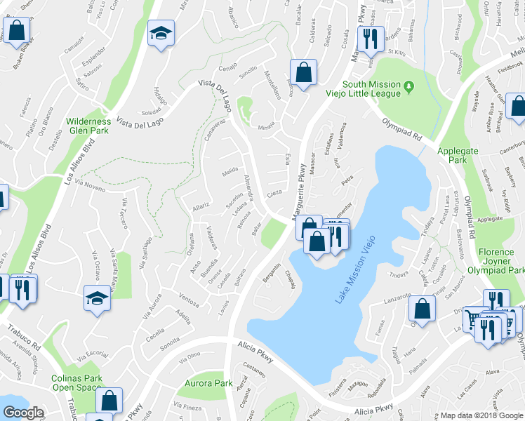 map of restaurants, bars, coffee shops, grocery stores, and more near 27561 Almendra in Mission Viejo