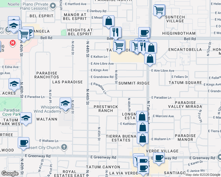 map of restaurants, bars, coffee shops, grocery stores, and more near 4526 East Beverly Lane in Phoenix