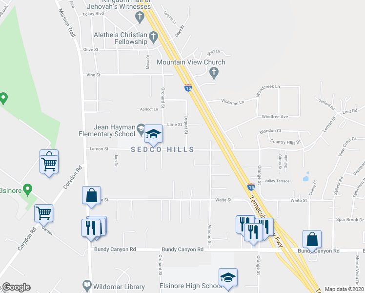 map of restaurants, bars, coffee shops, grocery stores, and more near 33475 Loquat Street in Wildomar