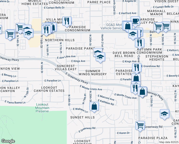 map of restaurants, bars, coffee shops, grocery stores, and more near 1953 East Grandview Road in Phoenix