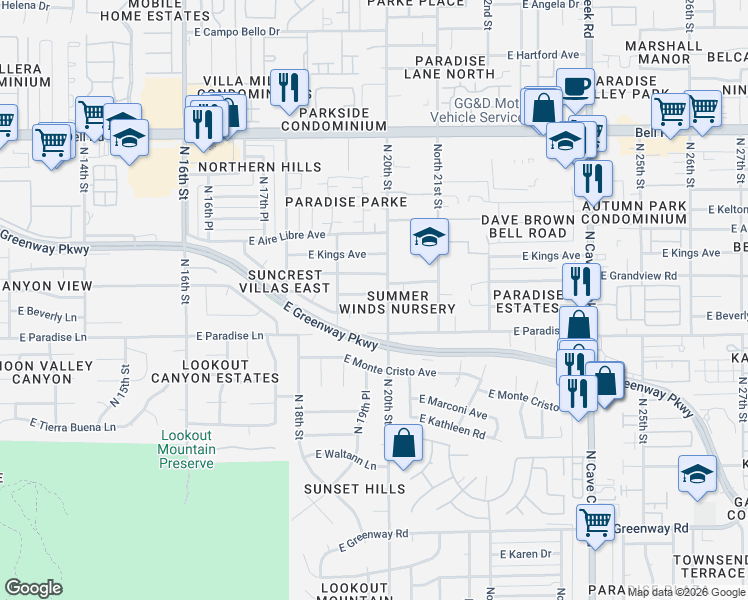map of restaurants, bars, coffee shops, grocery stores, and more near 1953 East Grandview Road in Phoenix