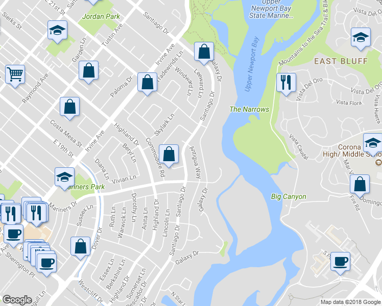 map of restaurants, bars, coffee shops, grocery stores, and more near 1721 Antigua Way in Newport Beach