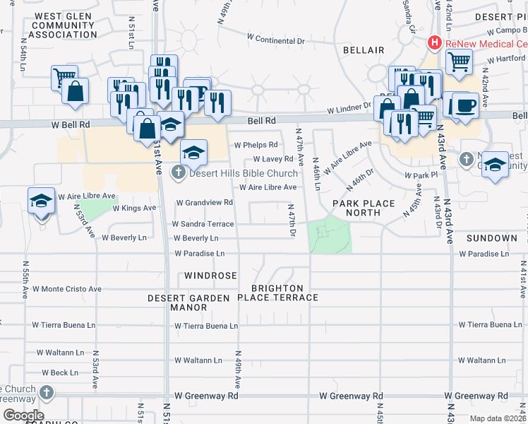 map of restaurants, bars, coffee shops, grocery stores, and more near 4818 West Sandra Terrace in Glendale