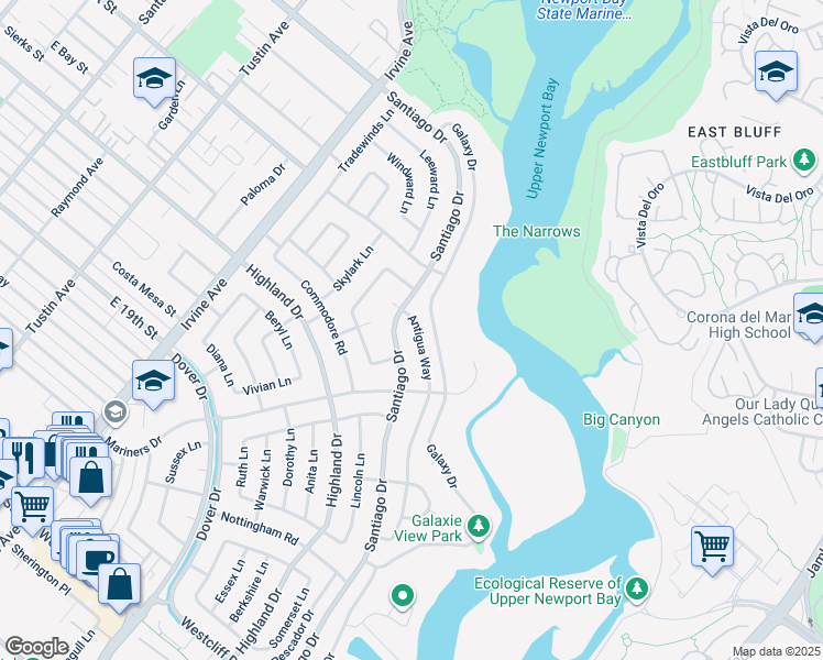 map of restaurants, bars, coffee shops, grocery stores, and more near 1721 Antigua Way in Newport Beach