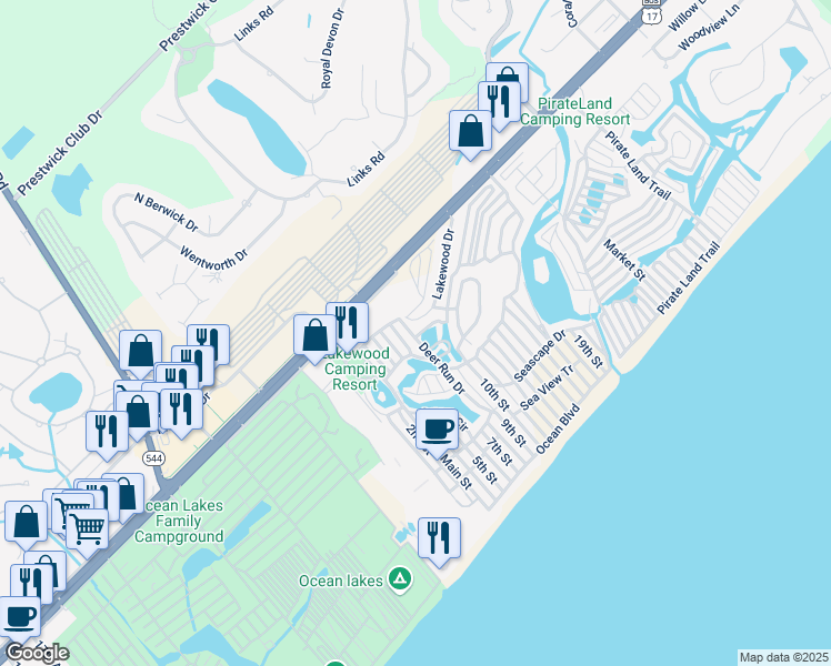 map of restaurants, bars, coffee shops, grocery stores, and more near 502 Lakewood Drive in Myrtle Beach
