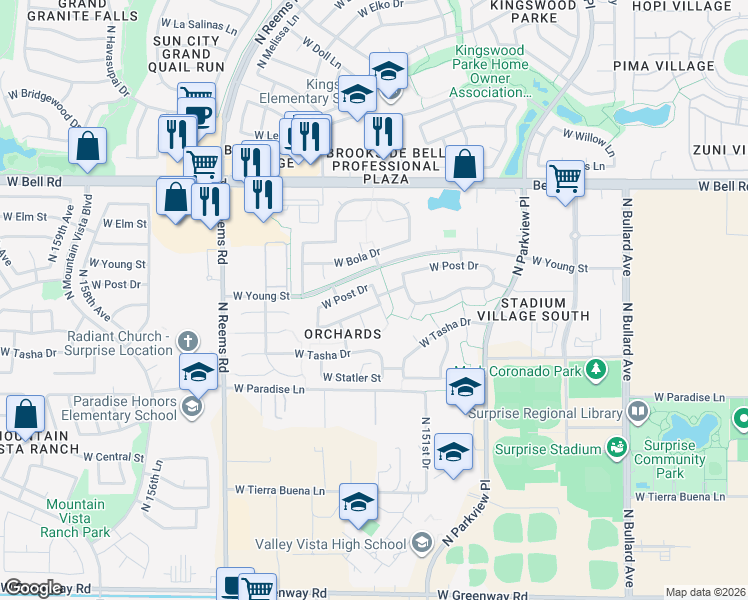 map of restaurants, bars, coffee shops, grocery stores, and more near 15212 West Cottonwood Street in Surprise
