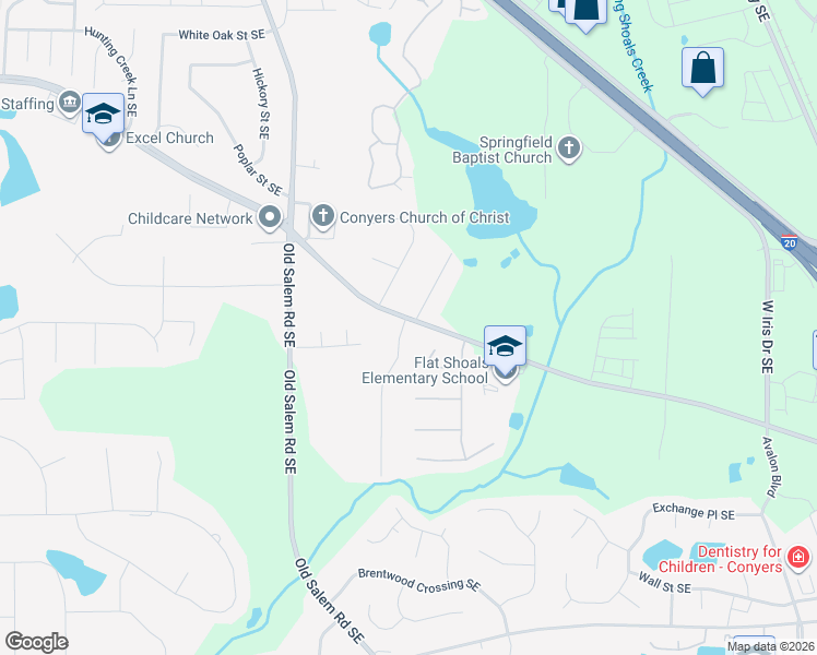 map of restaurants, bars, coffee shops, grocery stores, and more near 2100 Kings Forest Drive Southeast in Conyers