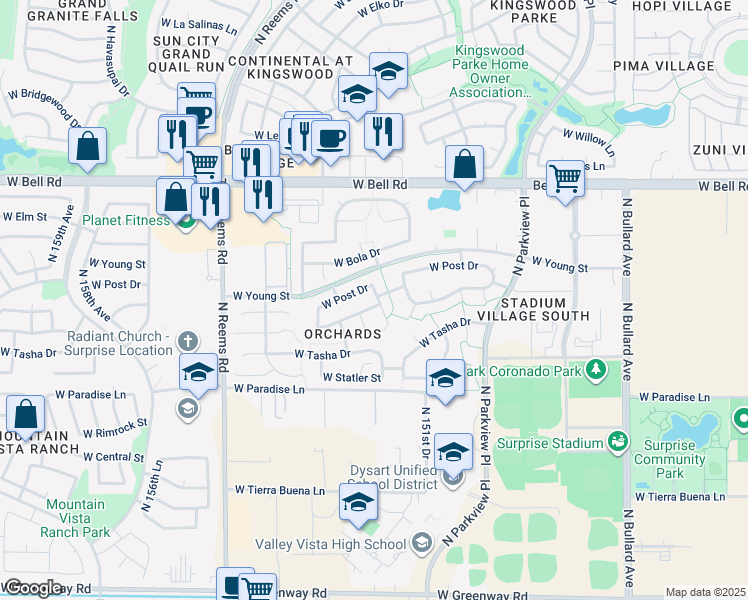 map of restaurants, bars, coffee shops, grocery stores, and more near 15212 West Cottonwood Street in Surprise