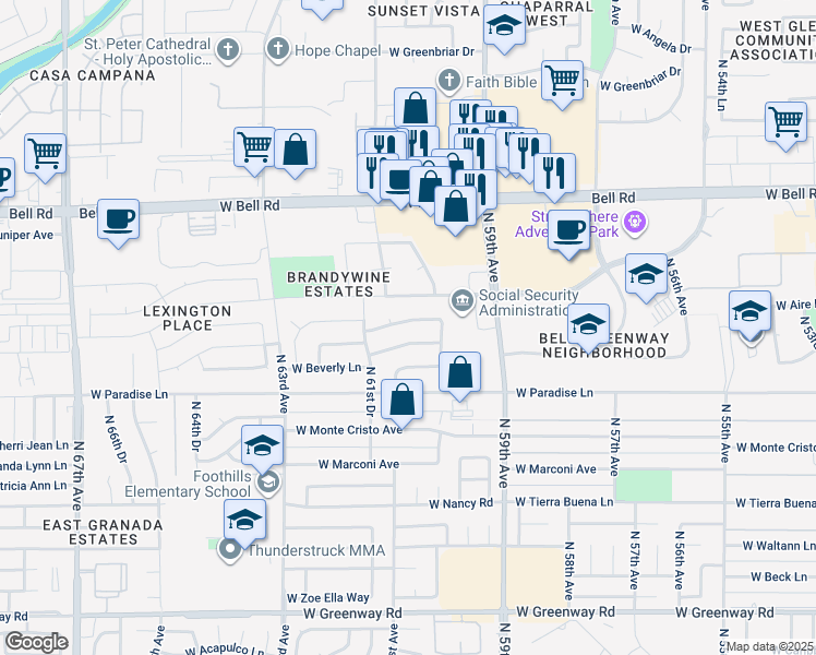 map of restaurants, bars, coffee shops, grocery stores, and more near 6031 West Grandview Road in Glendale